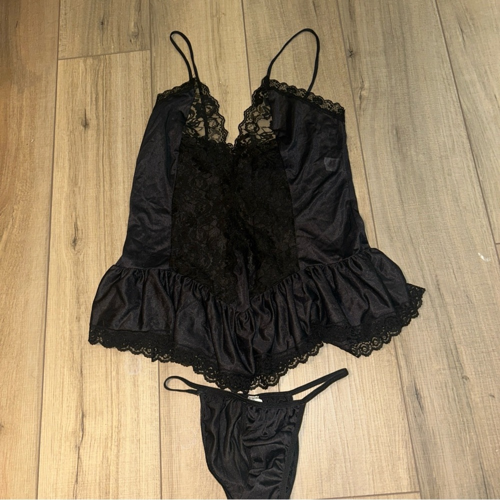 Union Made Sexy Lingerie Cami Set S Babydoll Black Lace Trim Satin Honeymoon